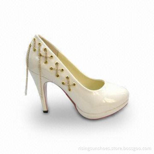 Women's High-heeled Dress Shoes with Patent PU Upper, Crossed Metal Chains Decorated at Back Part